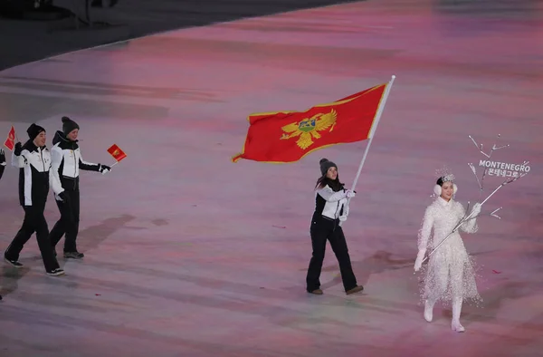 Pyeongchang Güney Kore Şubat 2018 Karadağ Bayrağını Taşıyan Alp Kayakçısı — Stok fotoğraf