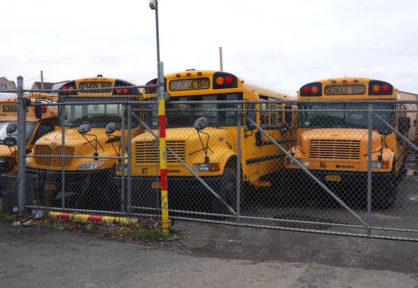 Бруклин Нью Йорк Марта 2020 Года Школьные Автобусы Припаркованные Верфи — стоковое фото