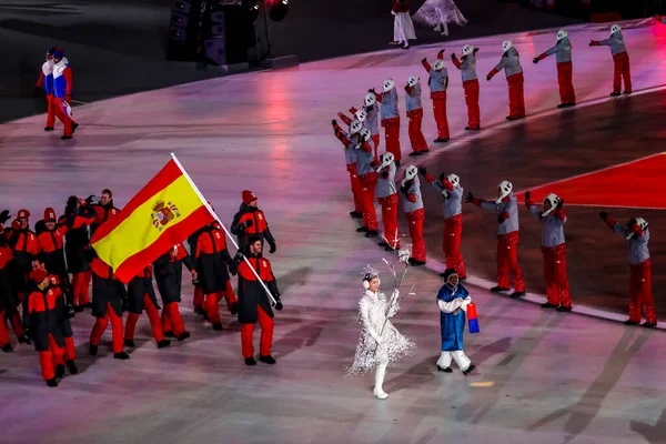 Pyeongchang Coreia Sul Fevereiro 2018 Snowboarder Lucas Eguibar Carregando Bandeira — Fotografia de Stock