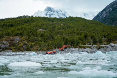 TIERRA DEL FUEGO, ŞİLİ - 2 Şubat 2020: Patagonya Beagle Kanalı 'nda Parque Nacional Alberto de Agostini' deki Pia Buzulu