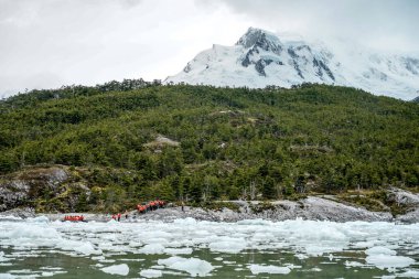 TIERRA DEL FUEGO, ŞİLİ - 2 Şubat 2020: Patagonya Beagle Kanalı 'nda Parque Nacional Alberto de Agostini' deki Pia Buzulu