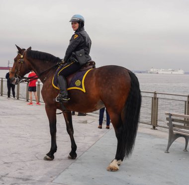 BROOKLYN, NEW YORK - MARCH 30, 2020: New York Police Department mounted unit police officer with USNS Comfort Hospital Ship on background protects public in Brooklyn, New York