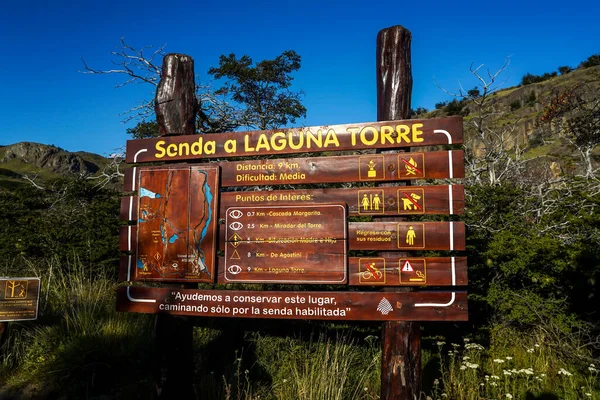 Chalten Argentina February 2020 Sign Laguna Torre Trek Los Glaciares — стокове фото