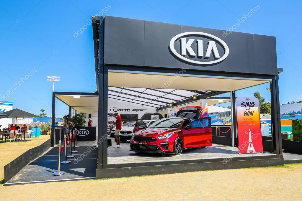 MELBOURNE, AUSTRALIA - JANUARY 23, 2019: Kia Motors pavilion during 2019 Australian Open in Melbourne. Kia is the official car of the Australian Open. Kia Motors is an official sponsor of the Australian Open