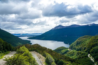 View of Escondido Lake from Paso Garibaldi in Tierra Del Fuego, Argentina. Located at National Route 3, Pass Garibaldi go across the Andes with great lookout of the Escondido Lake clipart