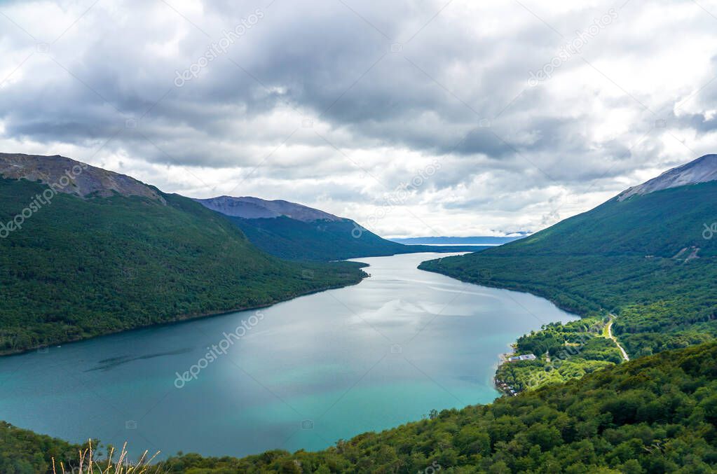 View of Escondido Lake from Paso Garibaldi in Tierra Del Fuego, Argentina. Located at National Route 3, Pass Garibaldi go across the Andes with great lookout of the Escondido Lake