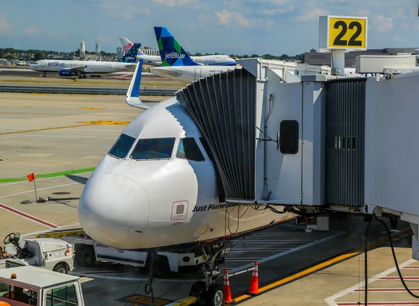 New York August 2019 Letadlo Jetblue Asfaltu Mezinárodním Letišti Johna — Stock fotografie