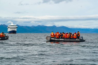 Tuckers Islets, Şili - 1 Şubat 2020: Turistler Tierra del Fuego seferinin fiyortları sırasında Tuckers Islets 'de 