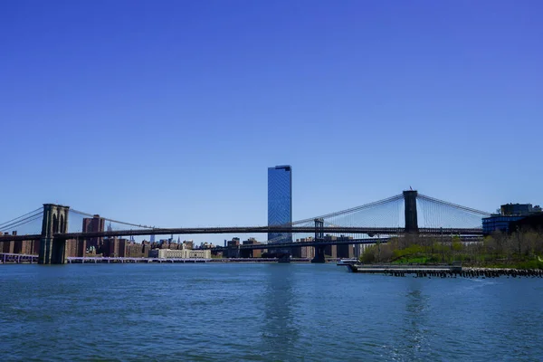 Brooklyn Bridge Baixo Panorama Horizonte Manhattan — Fotografia de Stock