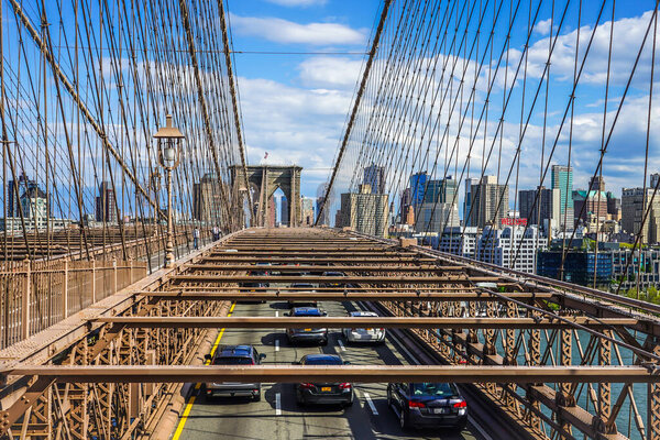 NEW YORK - MAY 4, 2020: Traffic at the Brooklyn Bridge during the coronavirus (COVID-19) pandemic lockdown in New York City