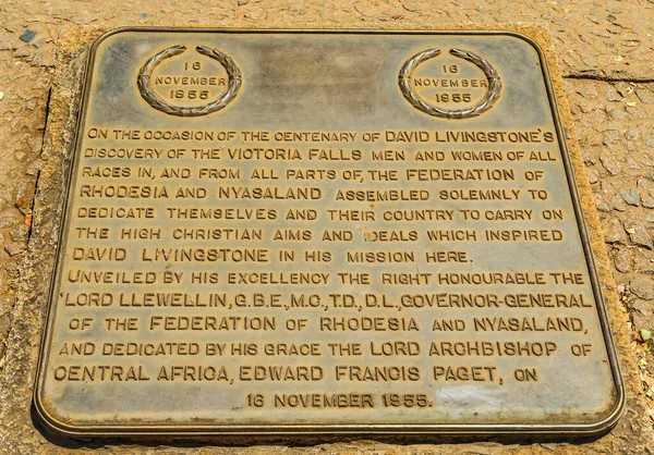 Plaque Commemorating David Livingstone Discovery Victoria Falls National Park Zimbabwe — Stock Photo, Image