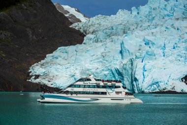 EL CALAFATE, ARGENTINA - 8 Şubat 2020: Arjantin Patagonya 'daki Spegazzini ve Upsala Buzullarını görmek için Arjantin Gölü gezisi