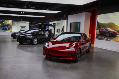 Chicago, IlLINOIS - 21 Mayıs 2019: Tesla arabaları Chicago 'daki Tesla bayiliğinde sergileniyor