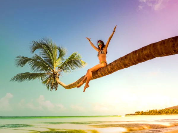 Jeune Femme Insouciante Assise Sur Palmier Plage Tropicale — Photo