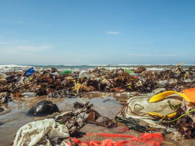 Bali 'de plajda plastik şişeler ve çöp.