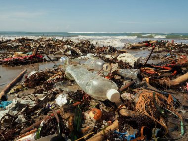 Bali 'de plajda plastik şişeler ve çöp.