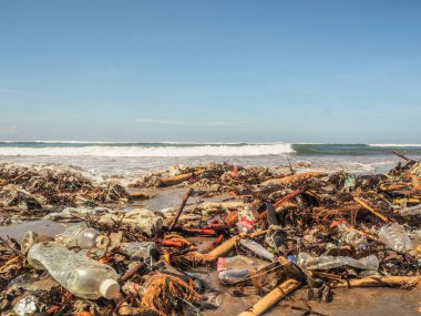 Bali 'de plajda plastik şişeler ve çöp.