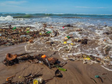 Bali 'de plajda plastik şişeler ve çöp.