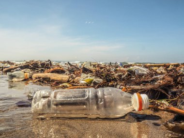 Bali 'de plajda plastik şişeler ve çöp.