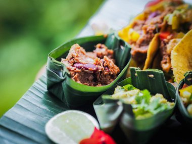 Mango, avokado, tofu, mantar, kökler, yerel otlar, fıstık ezmesi sosu ve yeşil salatalı sağlıklı vegan börekleri. 