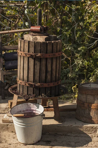 Wine-making. Technology of wine production. The folk tradition of making wine. Wine production in Moldova. The ancient tradition of grape processing. The squeezer is used to press the wine.