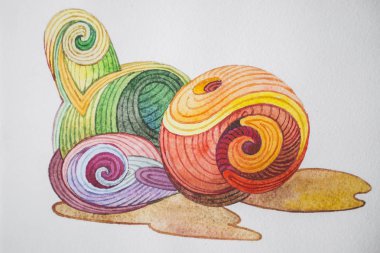 Dekoratif natürmort bir armut, bir elma ve bir Erik. Suluboya çizimi.