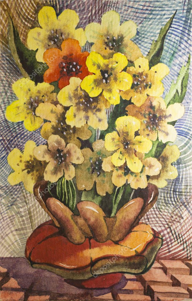 Download Watercolor Drawing Bouquet Yellow Flowers Red Vase Primula ...