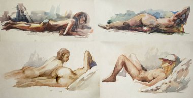 Çıplaklar plajı gelen suluboya çizimler. Çıplak kızlar deniz kum üzerinde güneşlenmek. Boya kağıt üzerine çizim.