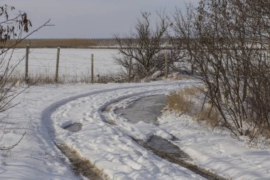 Kar kış manzara. Donmuş bir orman. Mart ayında kentin eteklerinde. Bugeac bozkır bahar. Güney Avrupa arazide.
