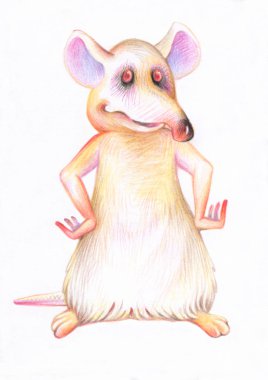 Fare çizimi. Çocuklar için illüstrasyon. Renkli kalemli hayvanların görüntüsü. Çin Burcu 2020. Kırmızı gözlü kötü fare..