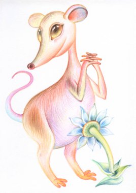 Fare çizimi. Çocuklar için illüstrasyon. Renkli kalemli hayvanların görüntüsü. Çin Burcu 2020. Bayan Fare çiçek açmış seviniyor..