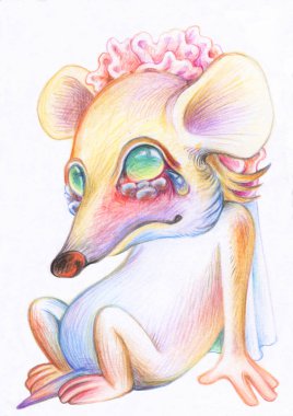 Fare çizimi. Çocuklar için illüstrasyon. Renkli kalemli hayvanların görüntüsü. Çin Burcu 2020. Gelinin suretindeki genç sıçan ağlıyor.