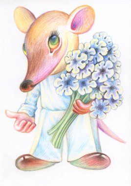 Fare çizimi. Çocuklar için illüstrasyon. Renkli kalemli hayvanların görüntüsü. Çin Burcu 2020. Bir buket mavi çiçekli beyaz takım elbiseli bir fare..