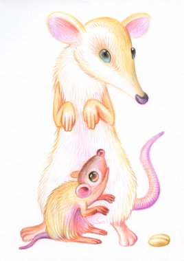 Fare çizimi. Çocuklar için illüstrasyon. Renkli kalemli hayvanların görüntüsü. Çin Burcu 2020. Fare ve sıçan buğdayı paylaşıyor..