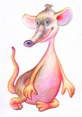 Fare çizimi. Çocuklar için illüstrasyon. Renkli kalemli hayvanların görüntüsü. Çin Burcu 2020. Mutlu, aptal sıçan yerde oturuyor..