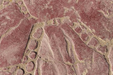 Bir deseni olan kaldırım taşları. Kırmızıya boyanmış beton bir levha. Dış dekorasyon için dekoratif öge.