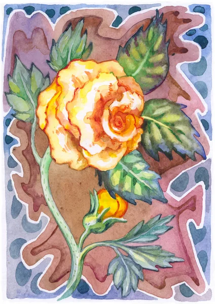 Postcard with a blooming rose. Still life painted with watercolor. The etude (sketch) is made on from life. The flower is yellow.
