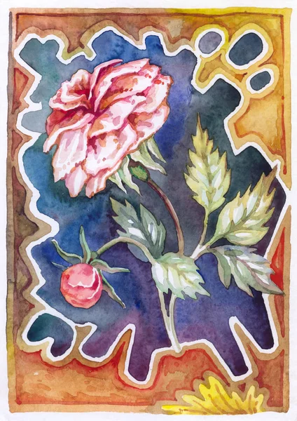 Postcard with a blooming rose. Still life painted with watercolor. The etude (sketch) is made on from life. Pink flower.