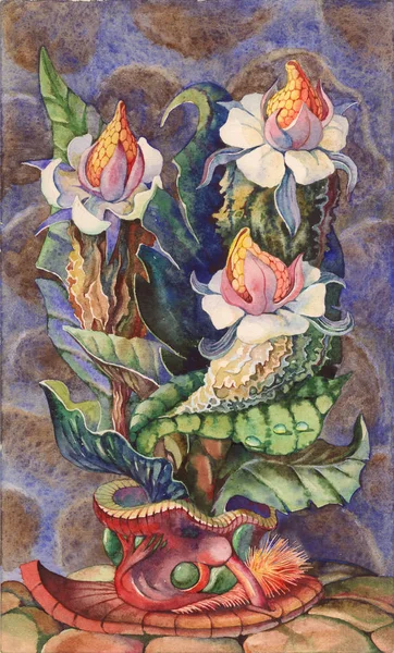 Fantastisk Flora Vertikalt Format Stilleben Målad Med Akvarell Etuden Skiss — Stockfoto