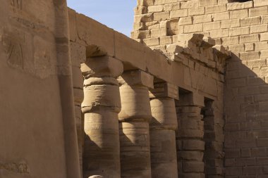 Luxor Valiliği, Mısır, Karnak Tapınağı, Amun-Re kompleksi. Sütunlarda ve duvarlarda kabartmalı hiyeroglifler. 