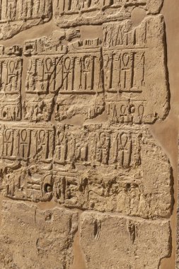 Karnak Tapınağı, Amun-Re kompleksi. Duvarlarda kabartmalı hiyeroglifler var. Luxor Valiliği, Mısır. Ankh, eski bir Mısır hiyeroglif sembolüdür.