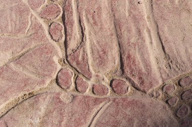 Bir deseni olan kaldırım taşları. Kırmızıya boyanmış beton bir levha. Dış dekorasyon için dekoratif öge.