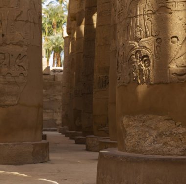 Karnak Tapınağı, Amun-Re kompleksi. Büyük Hypostyle Salonu. Sütunlarda kabartmalı hiyeroglifler. Luxor Valiliği, Mısır.
