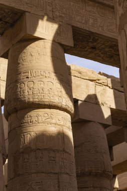 Karnak Tapınağı, Amun-Re kompleksi. Büyük Hypostyle Salonu. Sütunlarda ve duvarlarda kabartmalı hiyeroglifler. Luxor Valiliği, Mısır.