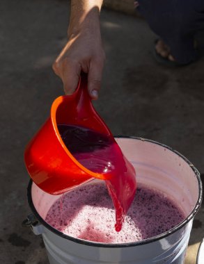 Şarap yapımı. Şarap üreticisi daha ileri işlemler için konteynırdan gerekli olanı alır. Moldova 'da şarap üretim teknolojisi. Üzüm işlemenin eski halk geleneği. Evi hasat et.