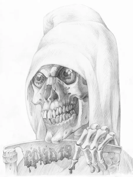 Image Reaper Hood Scythe Inscription Covid Human Skull Drawn Graphite — Stock Photo, Image