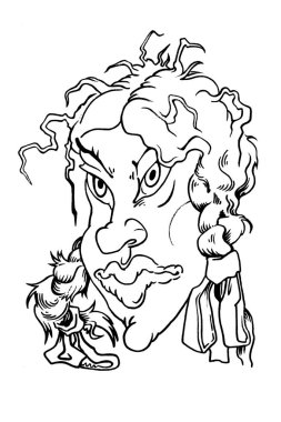 Grafiksel portre - illüstrasyon. Küstahlık, insanın kişiliğinin bozulmasına yol açan bir insani niteliktir. Hakların yüzü olan sayfa. Bir adamın karikatürü..