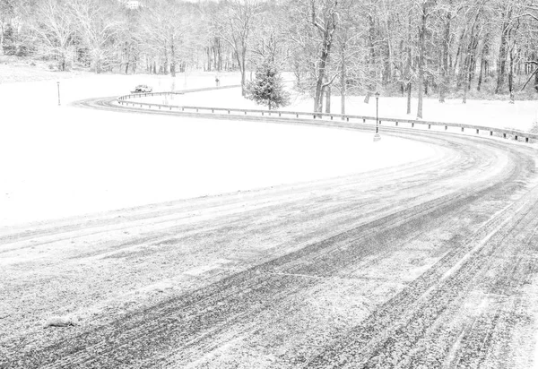 Paysage Rural Hiver Noir Blanc Avec Route Couverte Neige Forêt — Photo