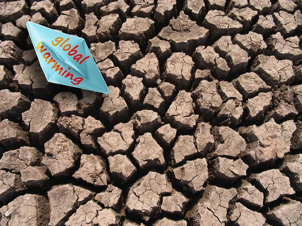 Cracked land, Paper Boat, Stop Global Warming message, Concept