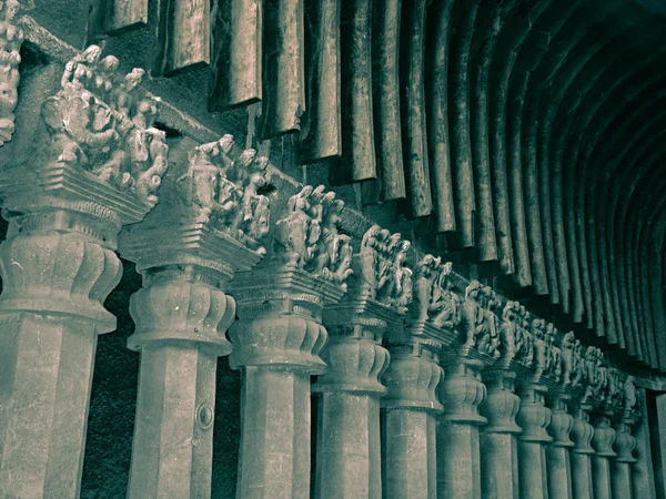 Stone Carved Pillars Ceiling Karla Cave Made Wooden Strips Dated — Stock Photo, Image